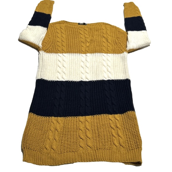 Bershka‎ Women's Sweater Sz Medium Color Block Cable Knit Stipes Ribbed Neckline - Picture 1 of 7